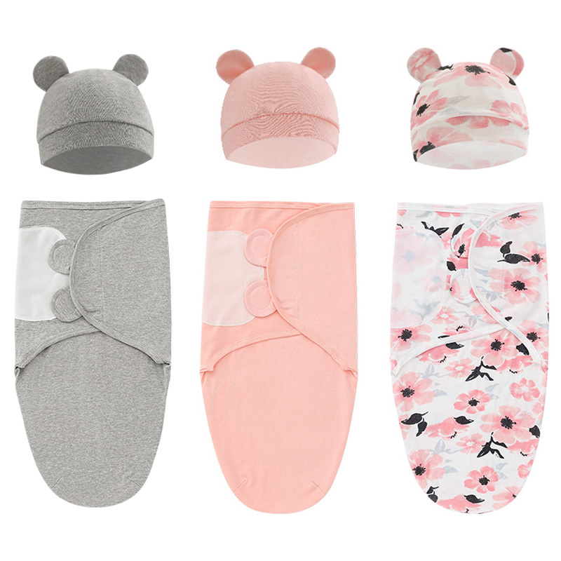 Baby Sleep Sack - 調節可能なコットンベビー寝袋、新生児用ブランケット、幼児用ラップ、帽子セット、寝袋、モスリンブランケット、0-6m、1個、2個